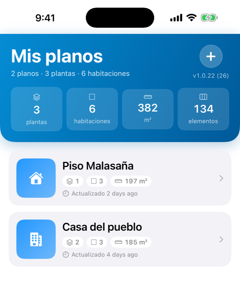Lista de casas en RoomMap con contador de plantas, habitaciones y metros cuadrados