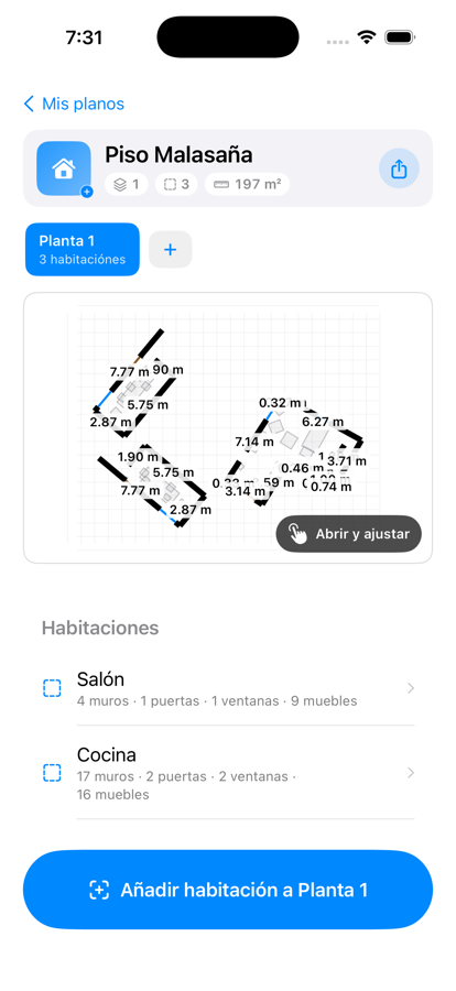 Vista de una casa con plano en miniatura y lista de habitaciones editable